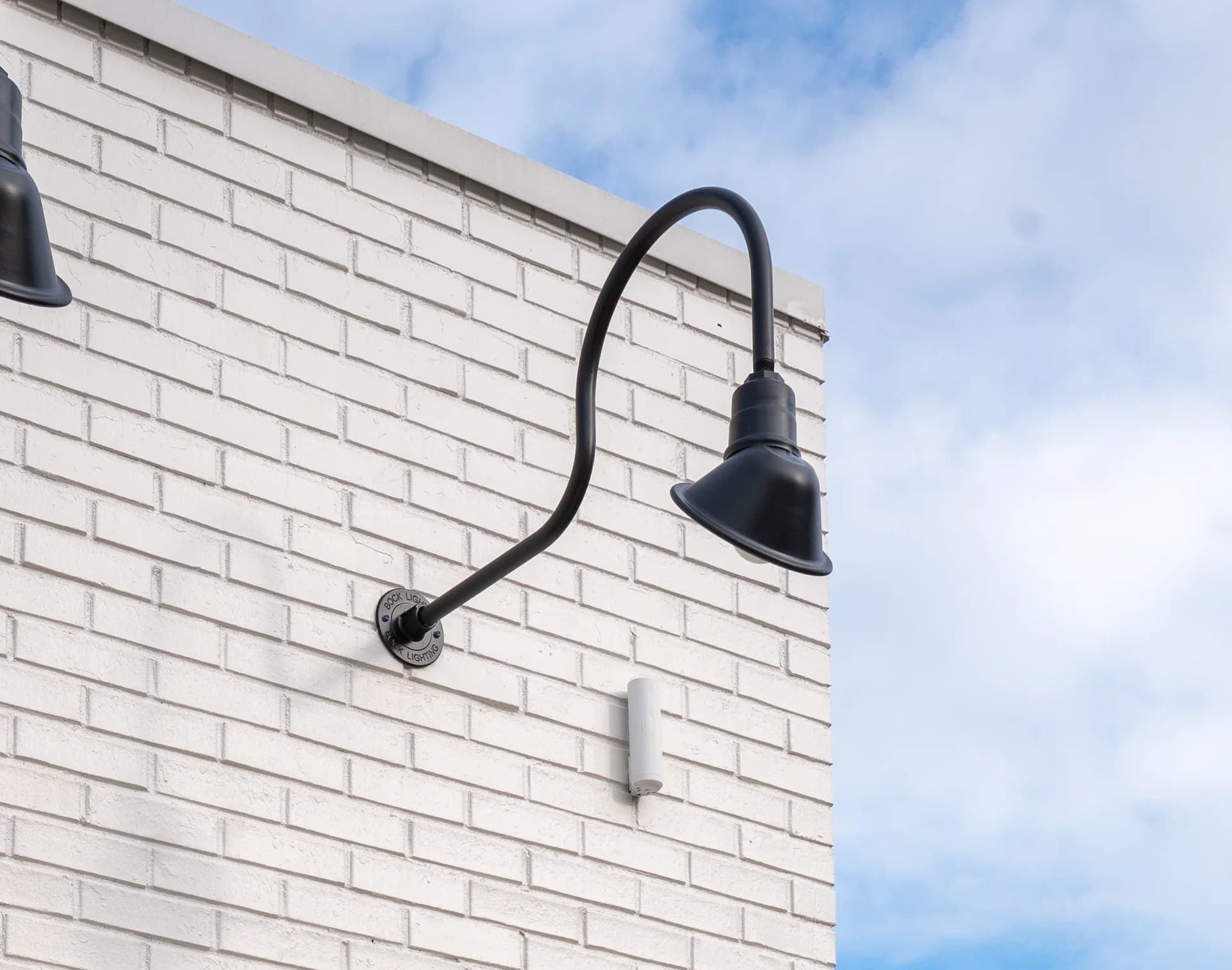 Close-up detail of RLM certified gooseneck wall light fixture